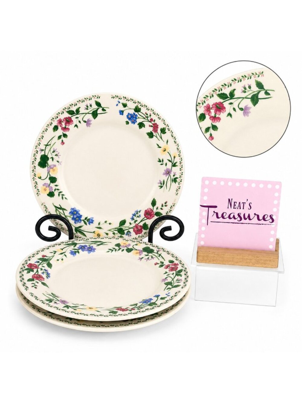 Farberware ENGLISH GARDEN Pink Blue Floral Rim Stoneware Salad Plates Set of 3